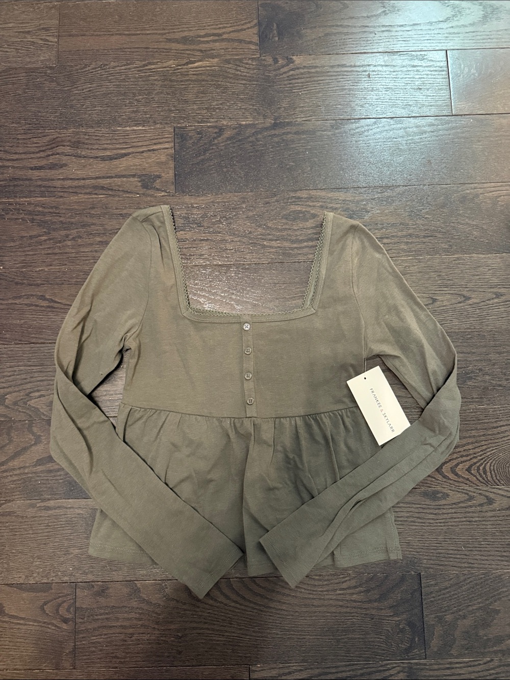 Square Neck Peplum Long Sleeve Top in Olive